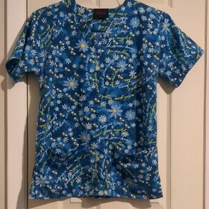 Blue Floral Scrub Top